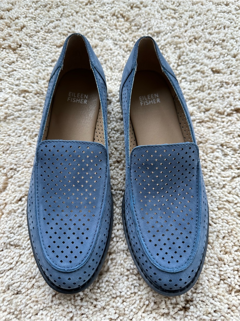 Eileen Fisher Perforated Suede Slip-On Loafers in Light Blue